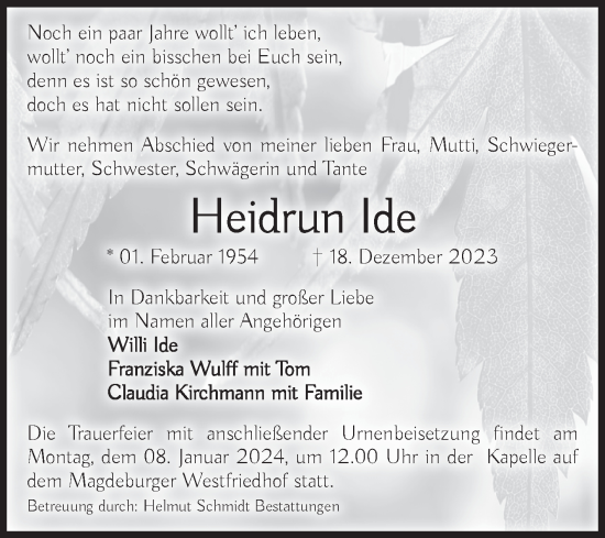 Traueranzeige von Heidrun Ide von Volksstimme Magdeburg