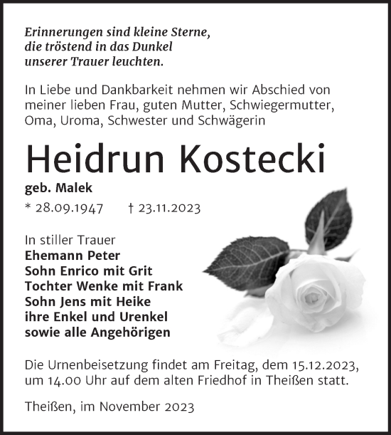 Traueranzeige von Heidrun Kostecki von Trauerkombi Zeitz