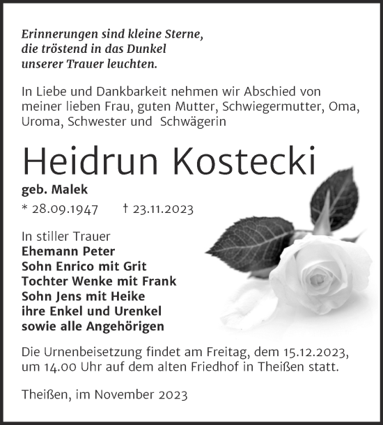 Traueranzeige von Heidrun Kostecki von Trauerkombi Weißenfels