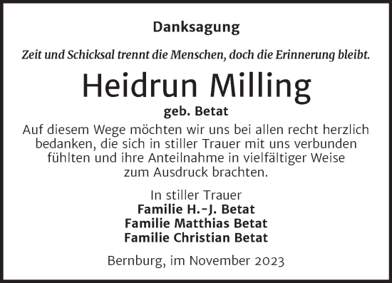 Traueranzeige von Heidrun Milling von Trauerkombi Bernburg