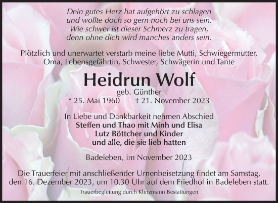 Traueranzeige von Heidrun Wolf von Volksstimme Oschersleben/Wanzleben