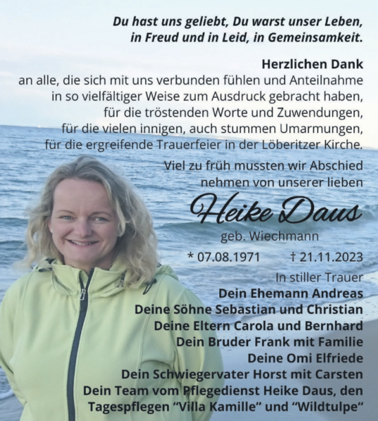 Traueranzeige von Heike Daus von Trauerkombi Bitterfeld