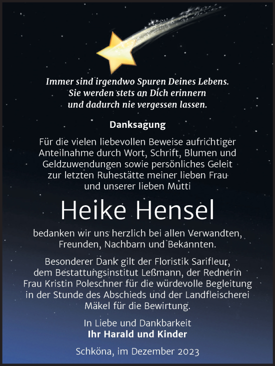 Traueranzeige von Heike Hensel von Trauerkombi Wittenberg