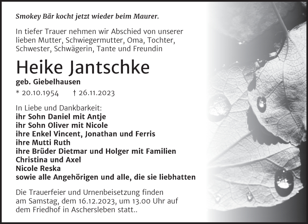  Traueranzeige für Heike Jantschke vom 02.12.2023 aus Trauerkombi Aschersleben