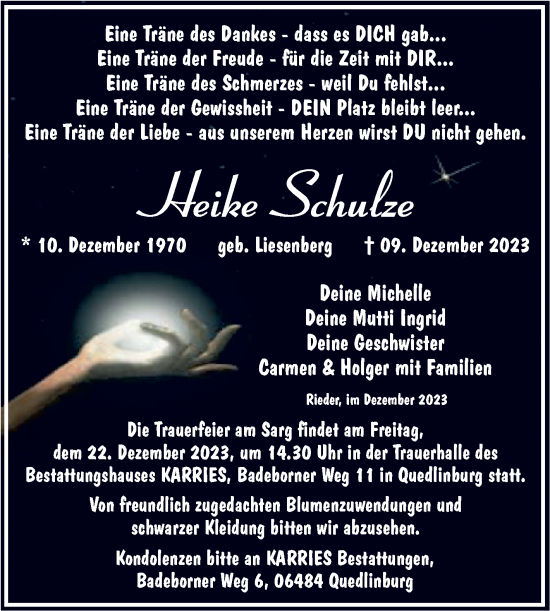 Traueranzeige von Heike Schulze von Trauerkombi Quedlinburg