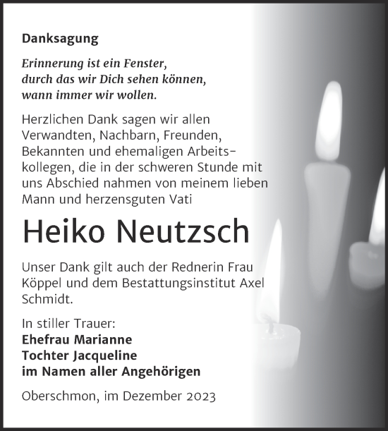Traueranzeige von Heiko Neutzsch von Trauerkombi Merseburg
