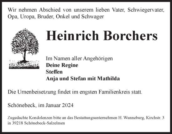 Traueranzeige von Heinrich Borchers von Volksstimme Schönebeck