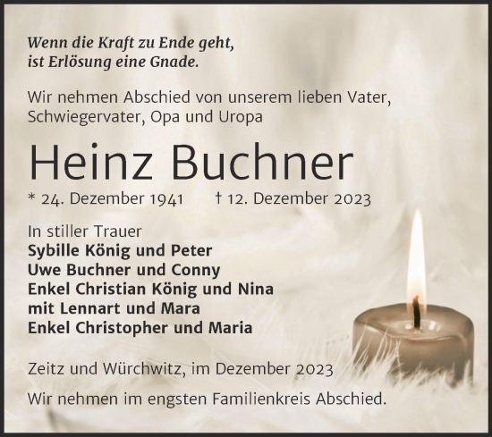 Traueranzeige von Heinz Buchner von Trauerkombi Zeitz