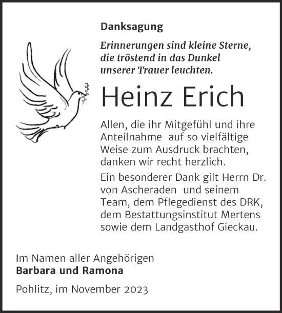 Traueranzeige von Heinz Erich von Wochenspiegel Naumburg/Nebra