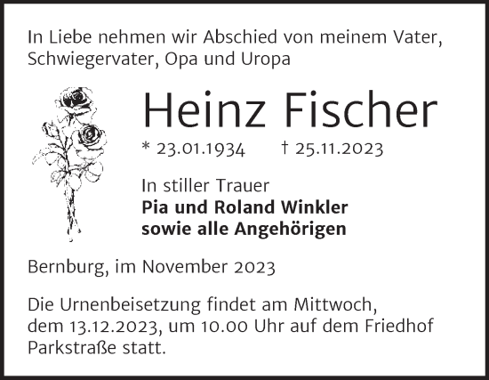 Traueranzeige von Heinz Fischer von Trauerkombi Bernburg