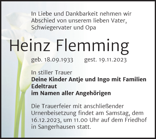 Traueranzeige von Heinz Flemming von Trauerkombi Sangerhausen