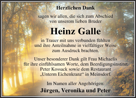 Traueranzeige von Heinz Galle von Trauerkombi Dessau