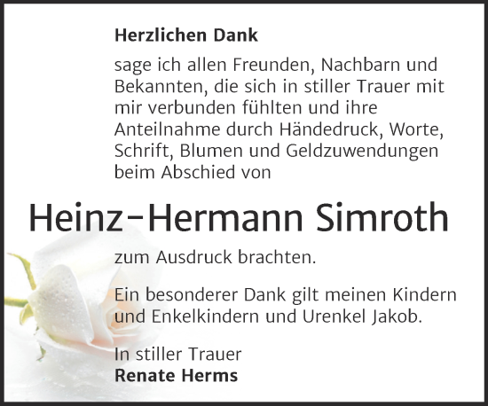 Traueranzeige von Heinz-Hermann Simroth von Trauerkombi Bernburg