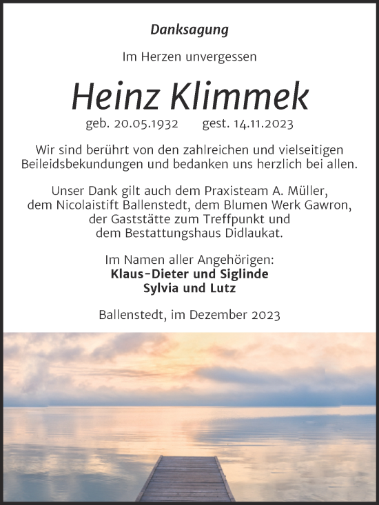 Traueranzeige von Heinz Klimmek von Trauerkombi Quedlinburg