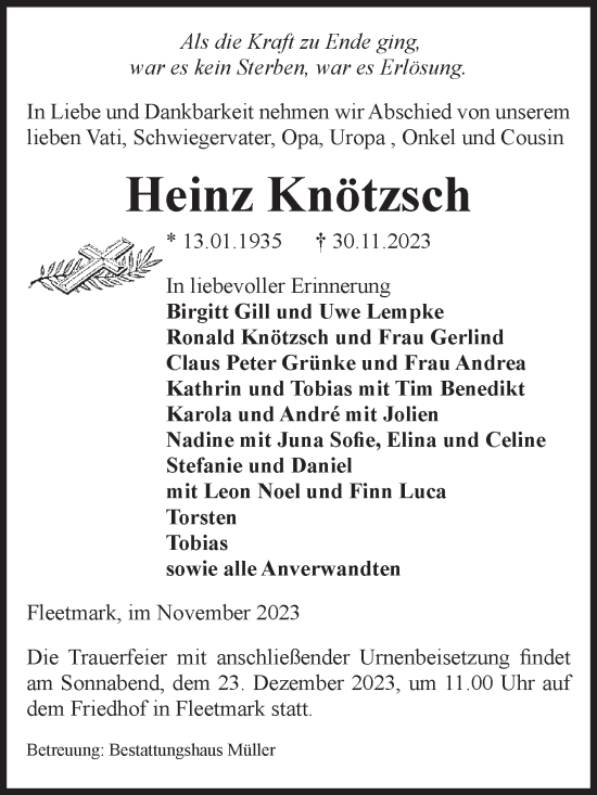 Traueranzeige von Heinz Knötzsch von Volksstimme Altmark West
