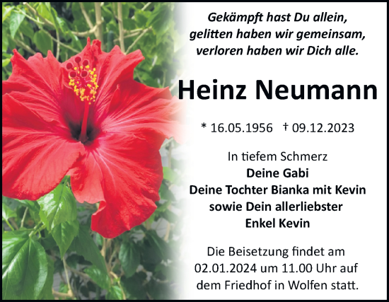 Traueranzeige von Heinz Neumann von Trauerkombi Bitterfeld