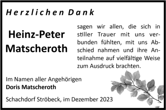 Traueranzeige von Heinz-Peter Matscheroth von Volksstimme Halberstadt