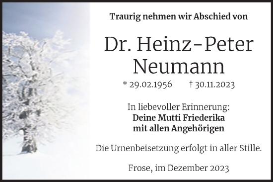 Traueranzeige von Heinz-Peter Neumann von Trauerkombi Aschersleben