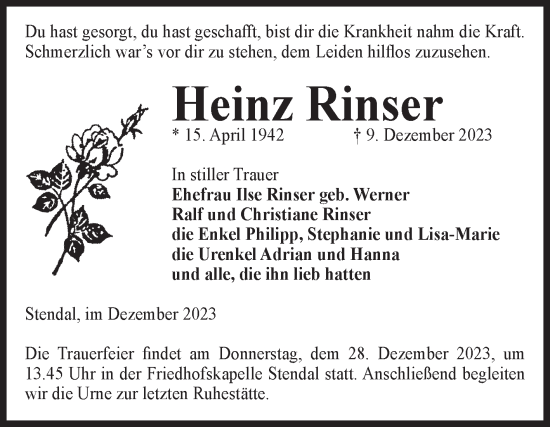 Traueranzeige von Heinz Rinser von Volksstimme Altmark Ost