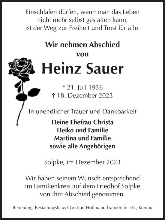 Traueranzeige von Heinz Sauer von Volksstimme Altmark West
