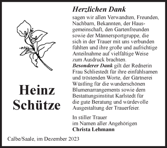 Traueranzeige von Heinz Schütze von Volksstimme Schönebeck