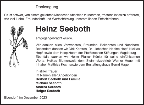 Traueranzeige von Heinz Seeboth von Volksstimme Haldensleben/Wolmirstedt