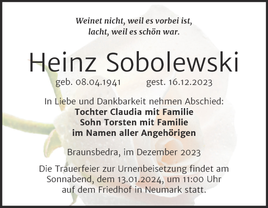 Traueranzeige von Heinz Sobolewski von Trauerkombi Merseburg