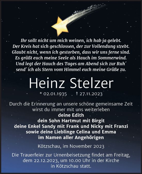 Traueranzeige von Heinz Stelzer von Trauerkombi Merseburg