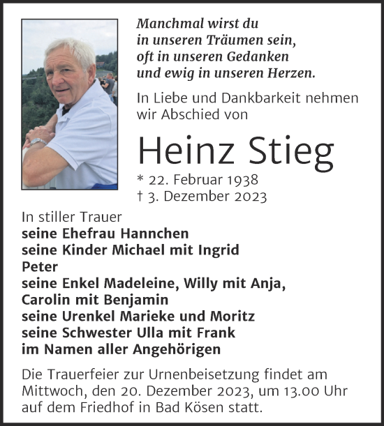 Traueranzeige von Heinz Stieg von Naumburger Tageblatt