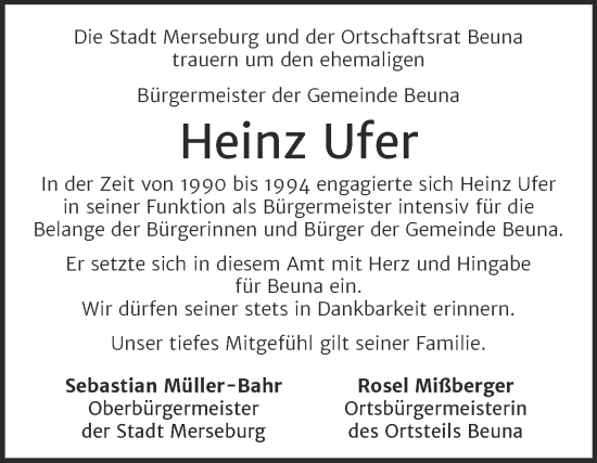 Traueranzeige von Heinz Ufer von Super Sonntag Merseburg/Querfurt