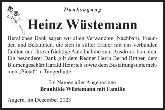 Traueranzeige von Heinz Wüstemann von Volksstimme Haldensleben/Wolmirstedt