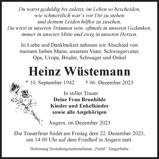Traueranzeige von Heinz Wüstemann von Volksstimme Haldensleben/Wolmirstedt