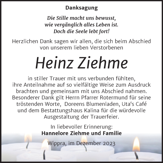 Traueranzeige von Heinz Ziehme von Mitteldeutsche Zeitung Mansfelder Land