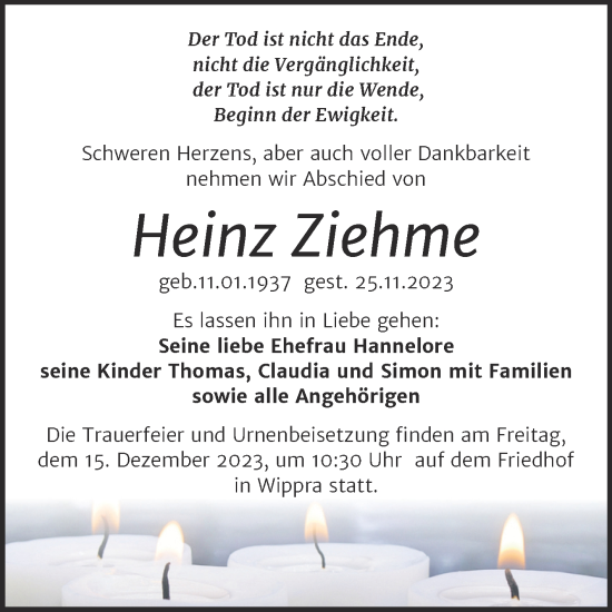 Traueranzeige von Heinz Ziehme von Mitteldeutsche Zeitung Mansfelder Land