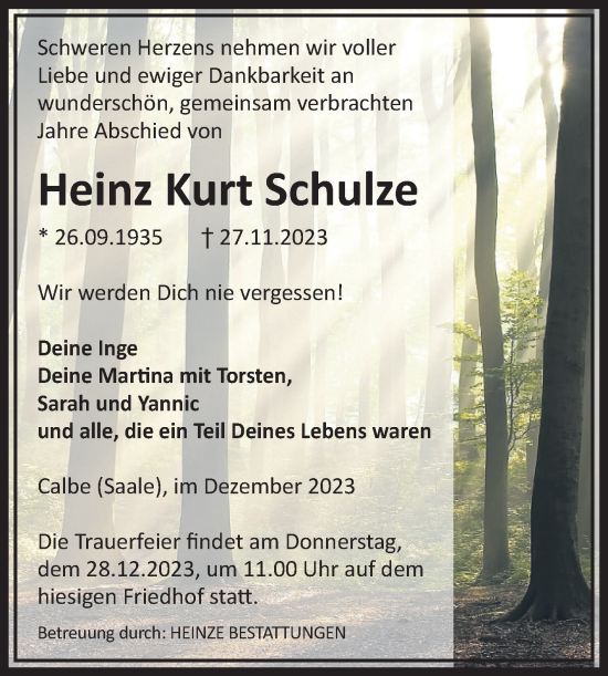 Traueranzeige von Heinz Kurt Schulze von Volksstimme Schönebeck