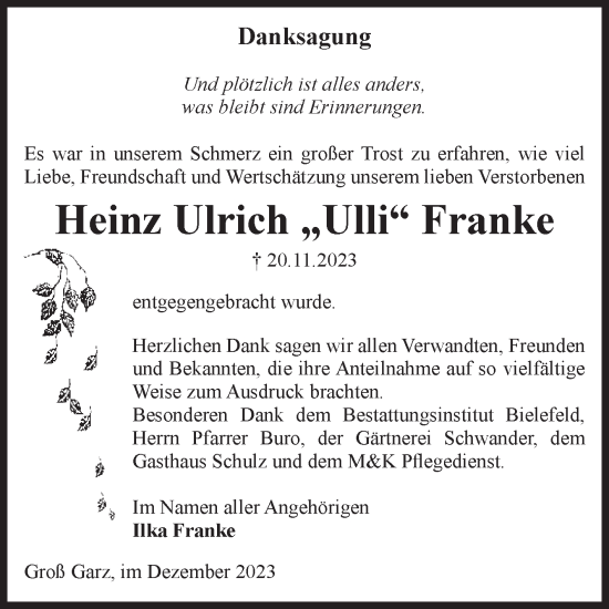 Traueranzeige von Heinz Ulrich Franke von Volksstimme Altmark Ost