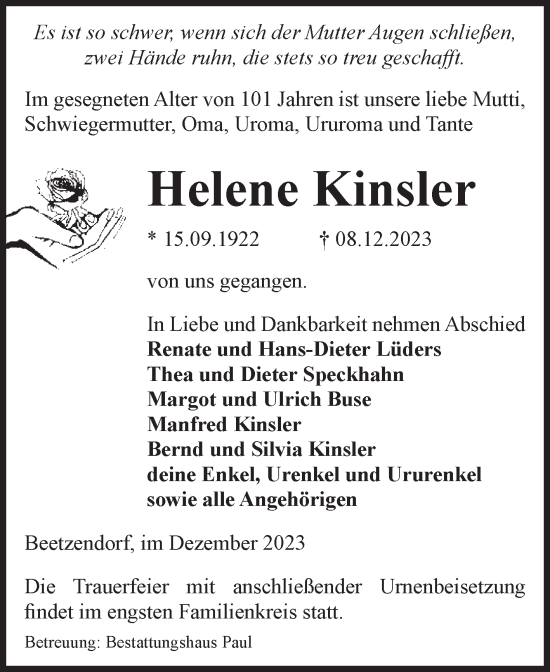 Traueranzeige von Helene Kinsler von Volksstimme Altmark West