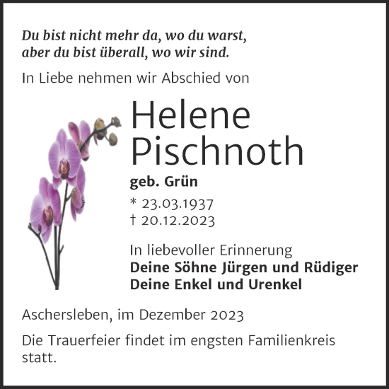 Traueranzeige von Helene Pischnoth von Trauerkombi Aschersleben