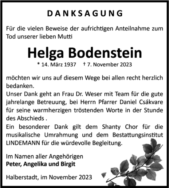 Traueranzeige von Helga Bodenstein von Volksstimme Halberstadt