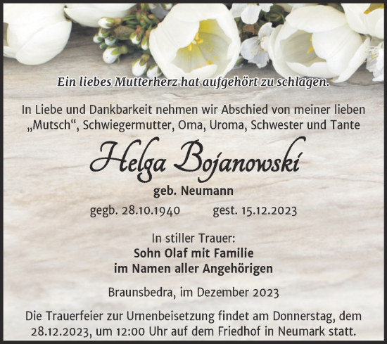 Traueranzeige von Helga Bojanowski von Trauerkombi Merseburg