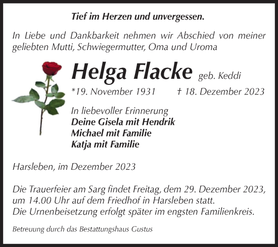 Traueranzeige von Helga Flacke von Volksstimme Halberstadt