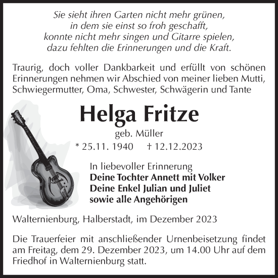 Traueranzeige von Helga Fritze von Volksstimme Zerbst