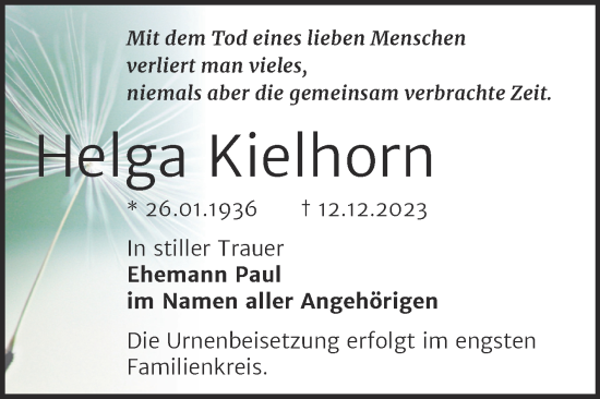 Traueranzeige von Helga Kielhorn von Trauerkombi Bernburg