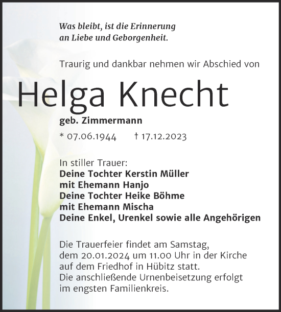 Traueranzeige von Helga Knecht von Trauerkombi Mansfelder Land