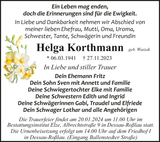 Traueranzeige von Helga Korthmann von Trauerkombi Dessau