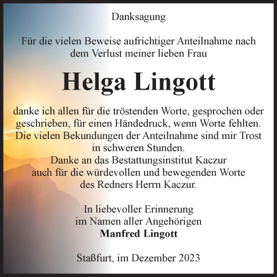 Traueranzeige von Helga Lingott von Volksstimme Staßfurt
