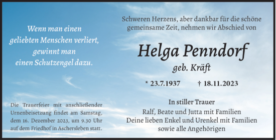 Traueranzeige von Helga Penndorf von Trauerkombi Aschersleben
