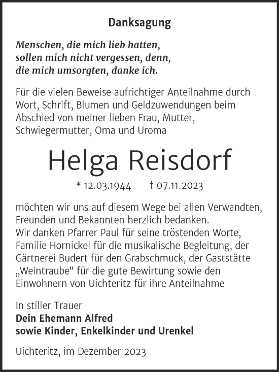 Traueranzeige von Helga Reisdorf von Trauerkombi Weißenfels