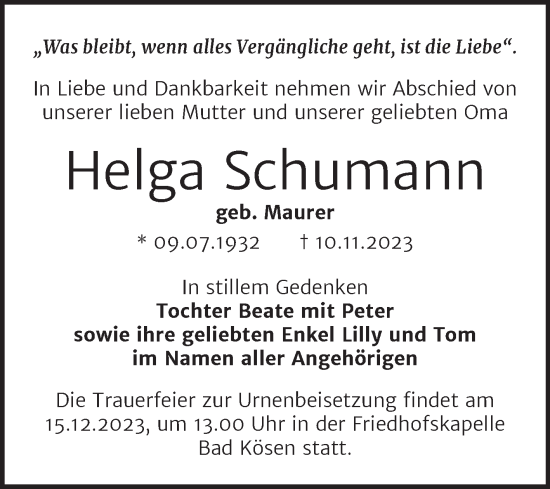 Traueranzeige von Helga Schumann von Wochenspiegel Naumburg/Nebra