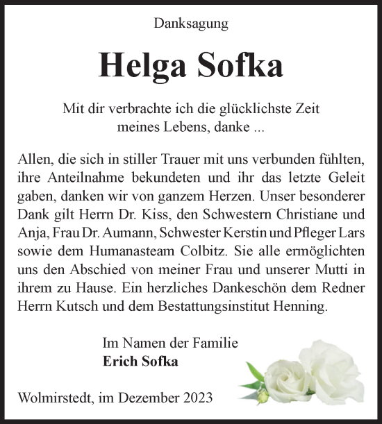 Traueranzeige von Helga Sofka von Volksstimme Haldensleben/Wolmirstedt